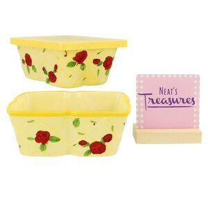 Temptations Ovenware  Tara Yellow Red ROSE Stoneware 1Qt Retangle Bakers Set 2